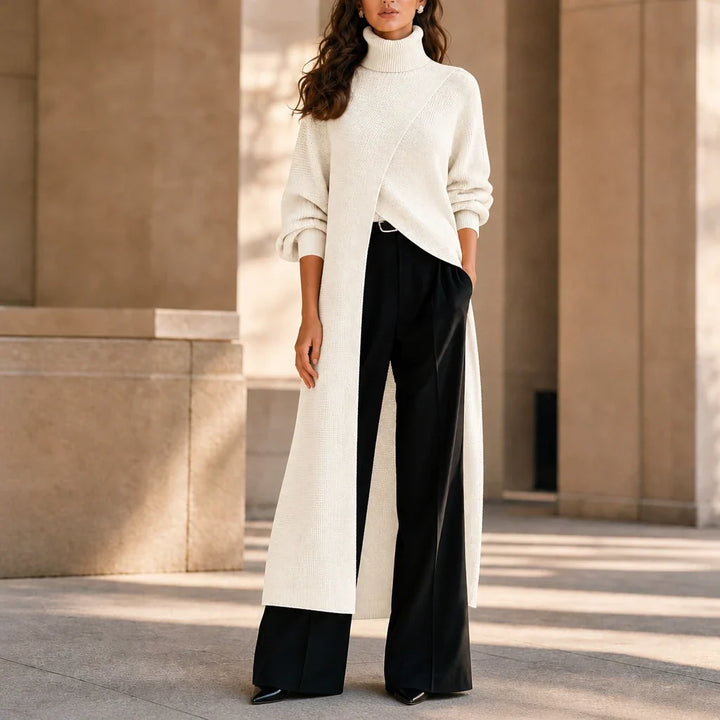 Linevera – Pit-Stripe Ribbed Asymmetric Turtleneck Top