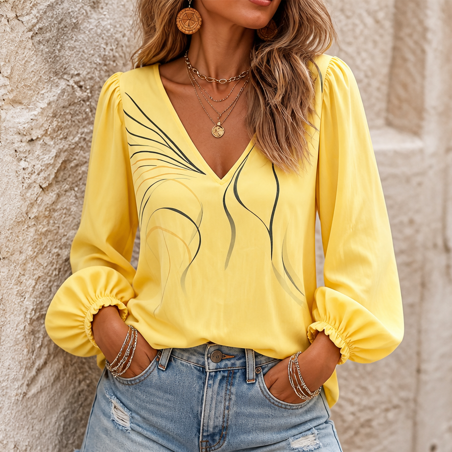 Faylynn – Puff Sleeve V-Neck Loose Top