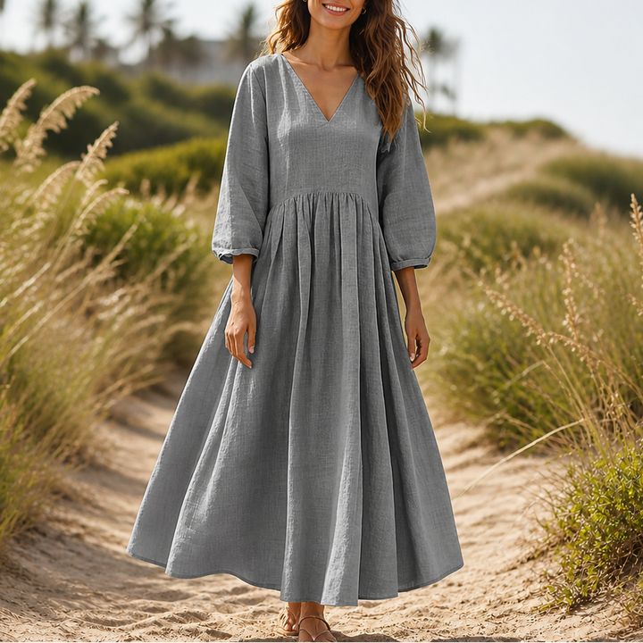 Linenova – Pleated V-Neck Cotton-Linen Look Maxi Dress