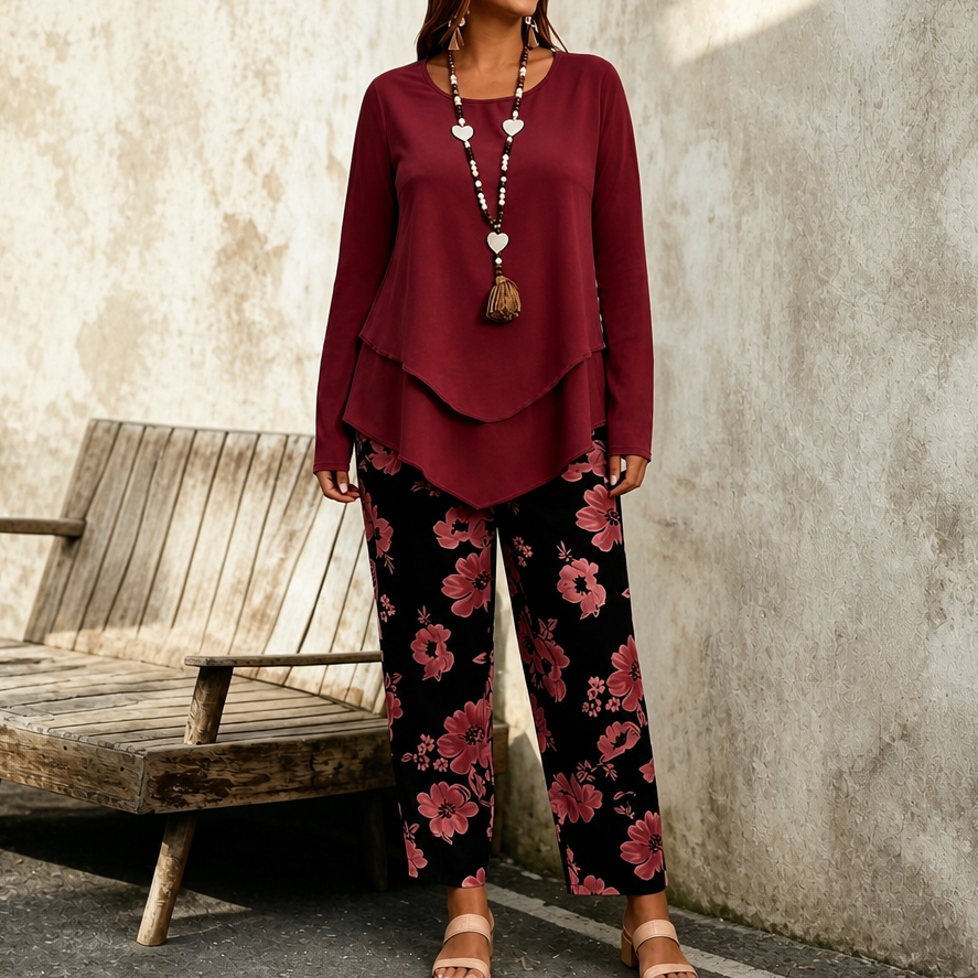 Wearbella – Double-Layer Flowy Top And Floral Wide-Leg Set