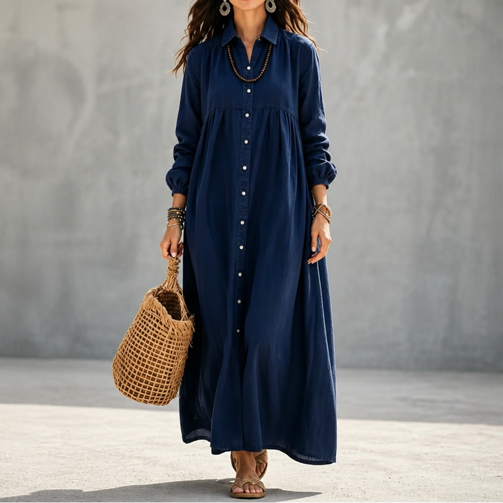 Linora – Button-Through Linen-Blend Maxi Shirt Dress
