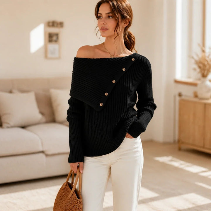 Velora – Asymmetric Button Off-The-Shoulder Knit Sweater