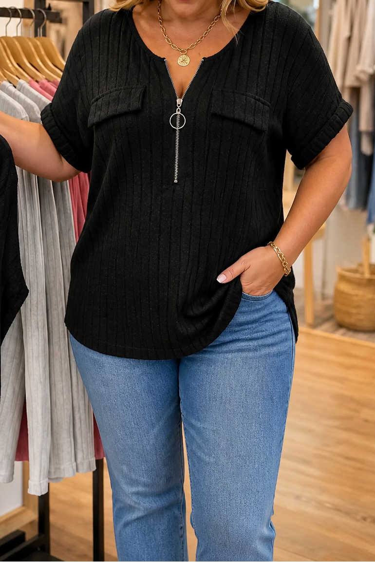Veloura – Ribbed Adjustable Zip-Neck Knit Top