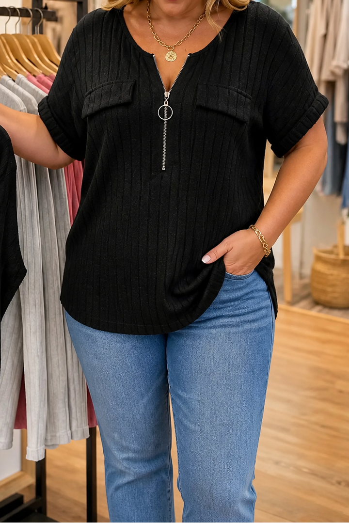 Veloura – Ribbed Adjustable Zip-Neck Knit Top