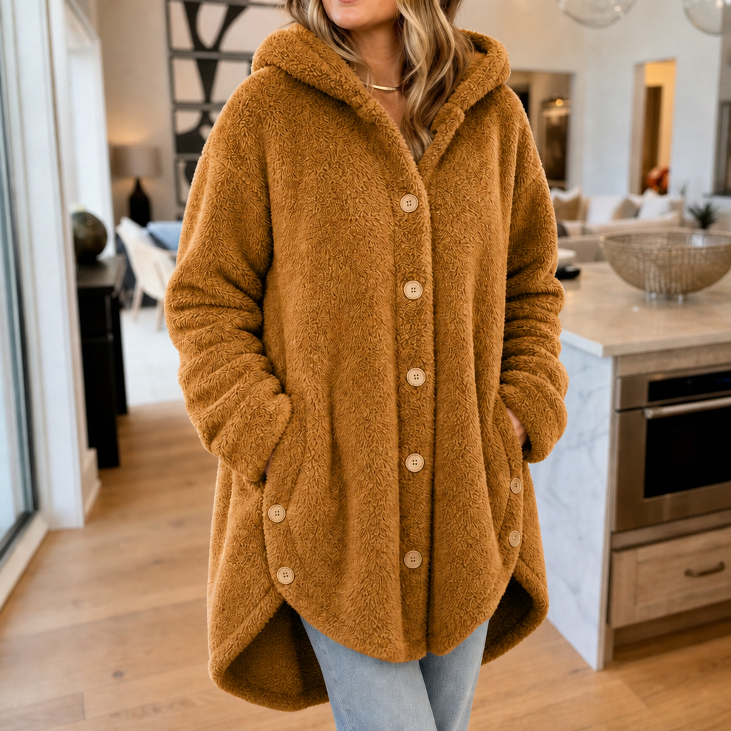 Veluna – Asymmetrical Button-Front Hooded Fleece Coat