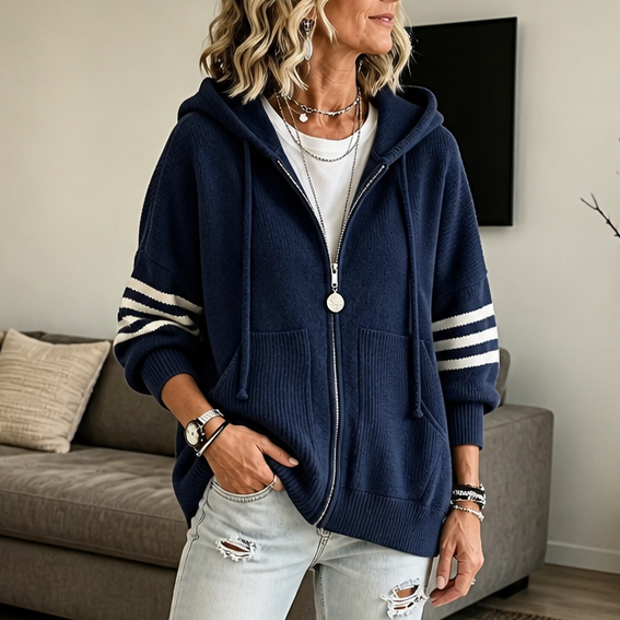 Wearbella – Striped-Sleeve Drop-Shoulder Zip Hoodie