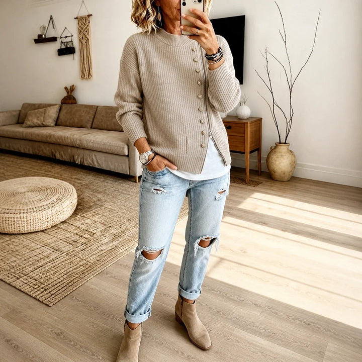 Velaire – Asymmetric Button Zip Ribbed Knit Pullover