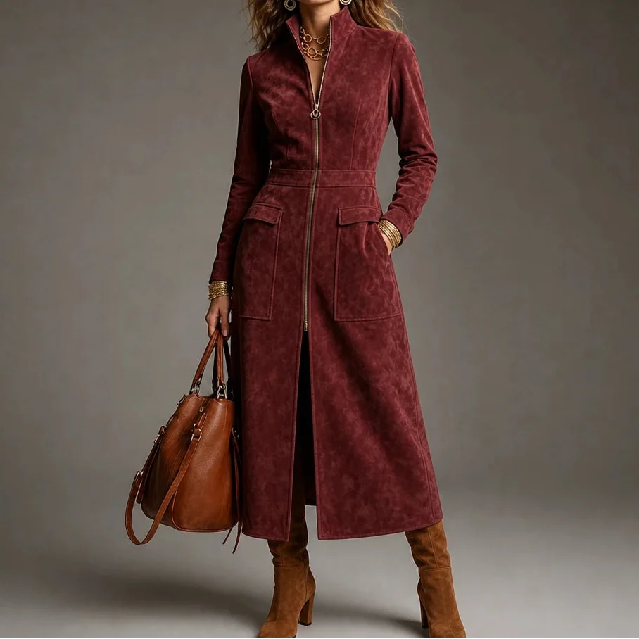 Velora – Fitted Stand-Collar Longline Coat