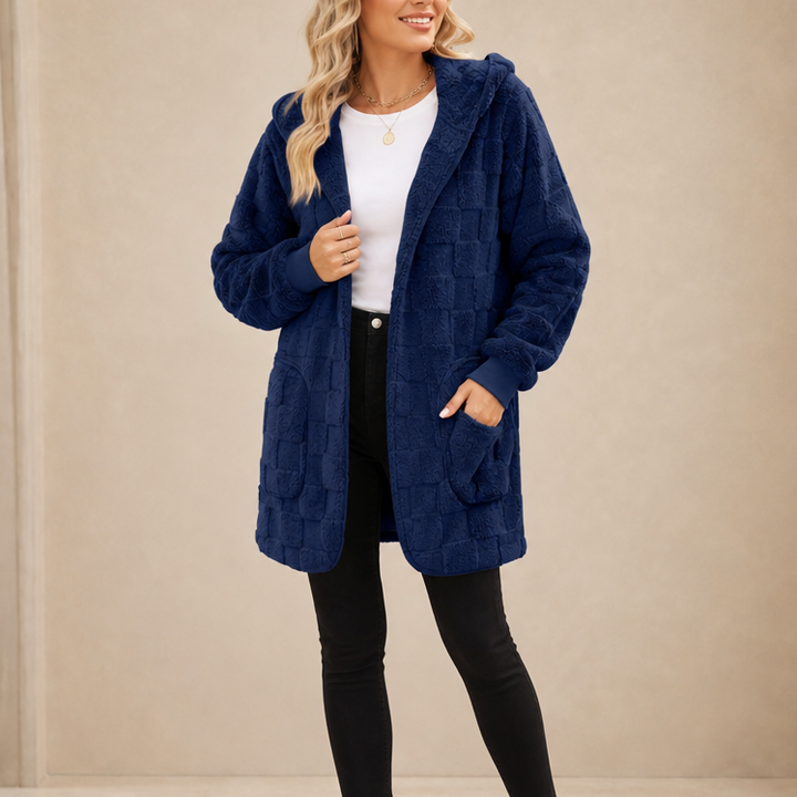 Checkora – Fluffy Checked Open-Front Cardigan