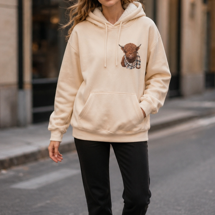 Heatherloch – Highland Cow Print Fleece-Lined Hoodie