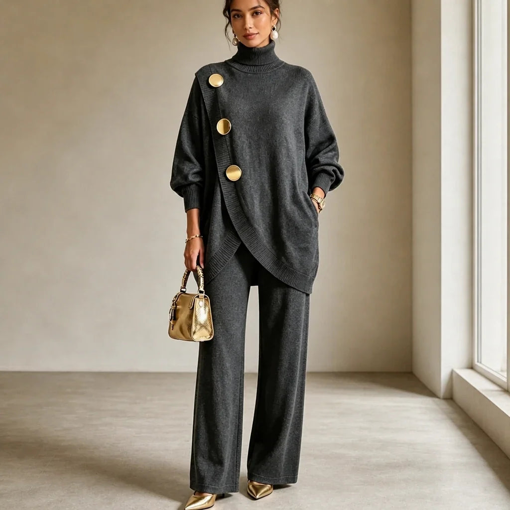 Mackenzie – Gold-Button Asymmetric Knit Two-Piece Set