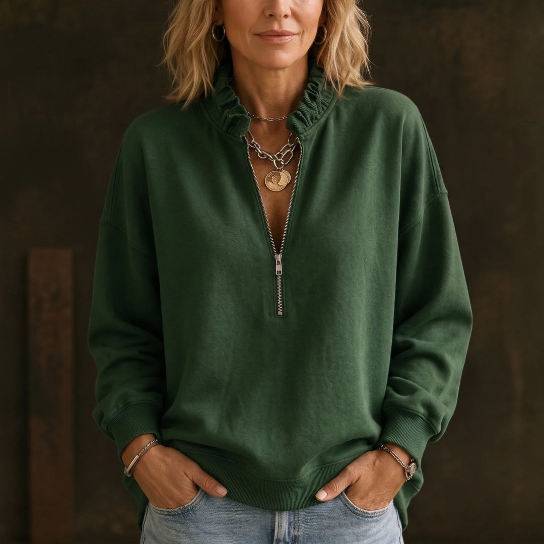 Ruffle & Rise – Ruffled Mock-Neck Quarter-Zip Sweatshirt