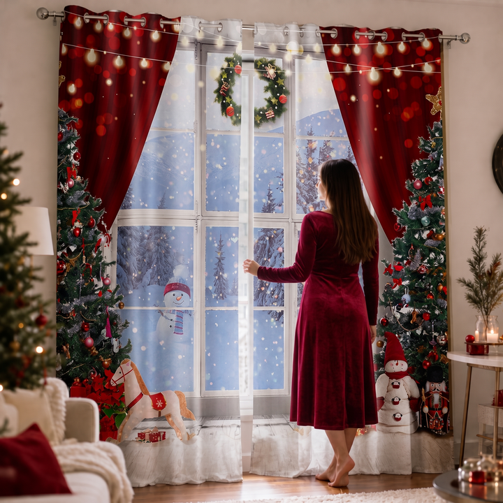 Yuletide Glow – Christmas Print Semi-Sheer Curtain Panels