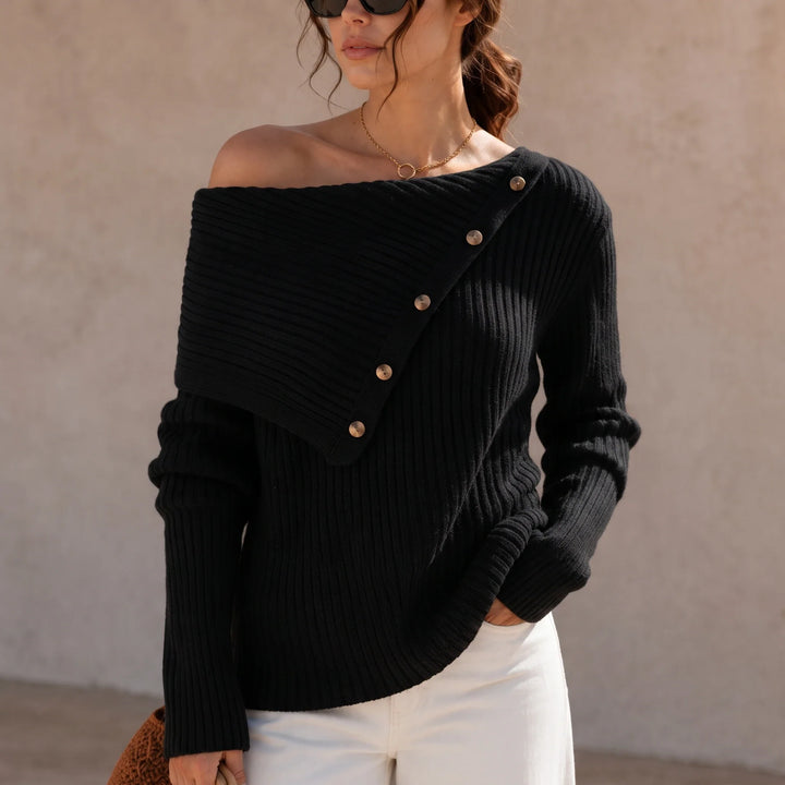 Velaine – Asymmetric Off-Shoulder Ribbed Sweater