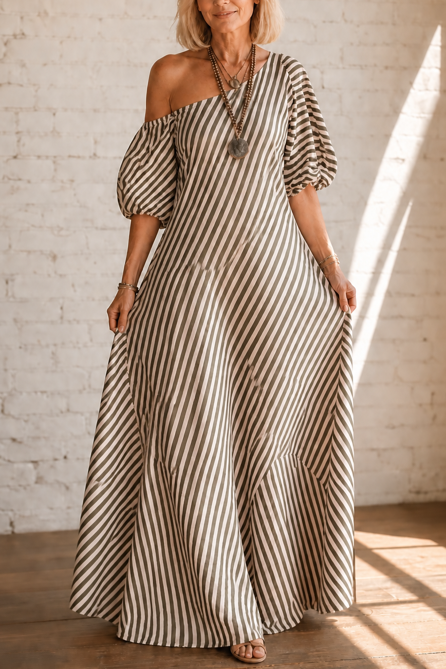 Onestrand – Striped One-Shoulder Puff Sleeve Maxi Dress