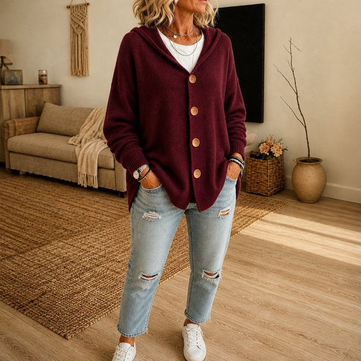 Hoodwell – Hooded Button-Front Knit Cardigan