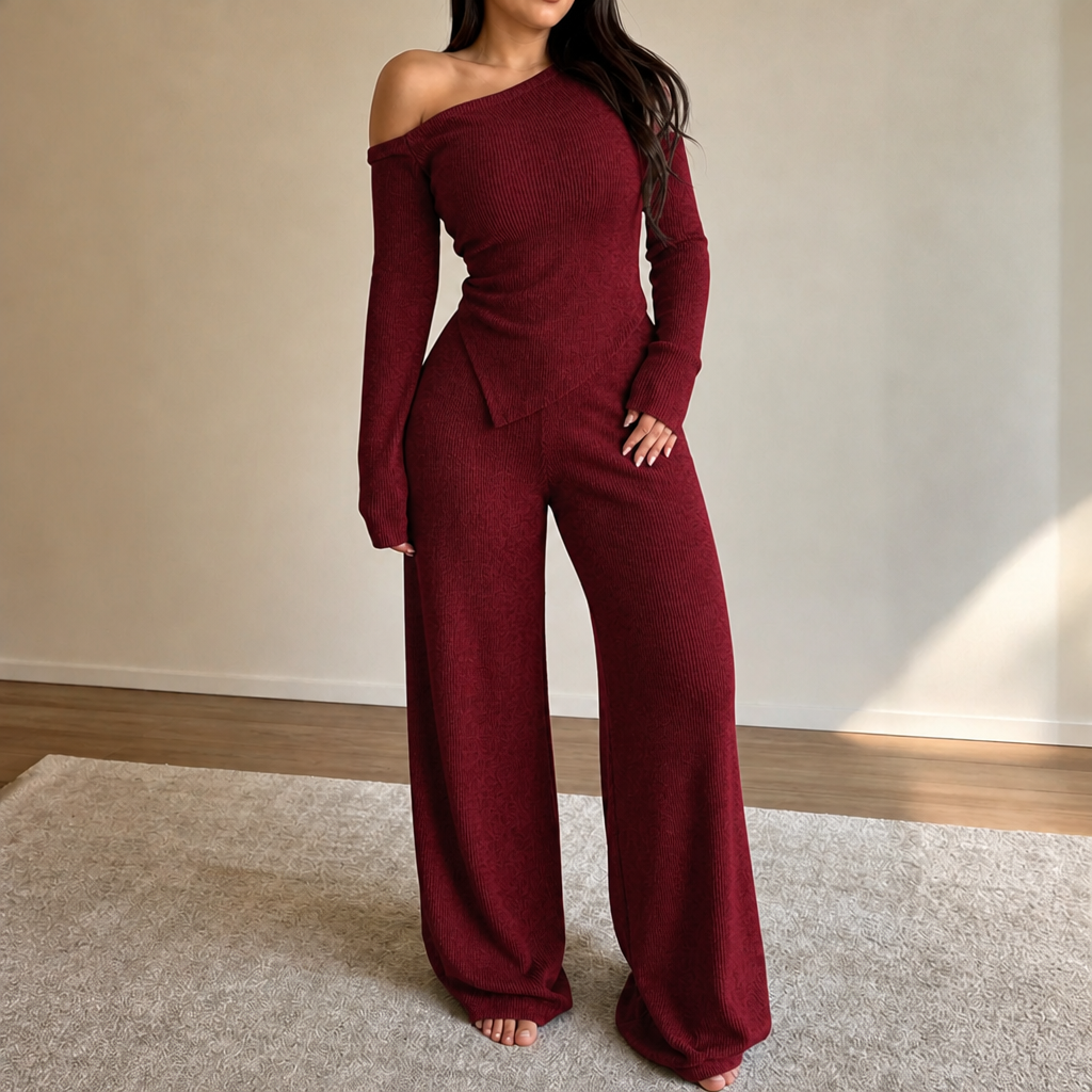 Wearbella – Off-Shoulder Ribbed Knit Top And Wide-Leg Pants Set