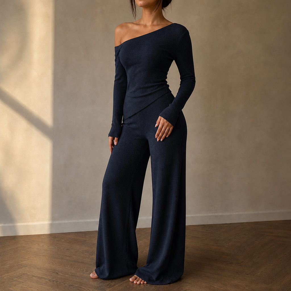 Veloura – Off-Shoulder Long-Sleeve Wide-Leg Pants Set