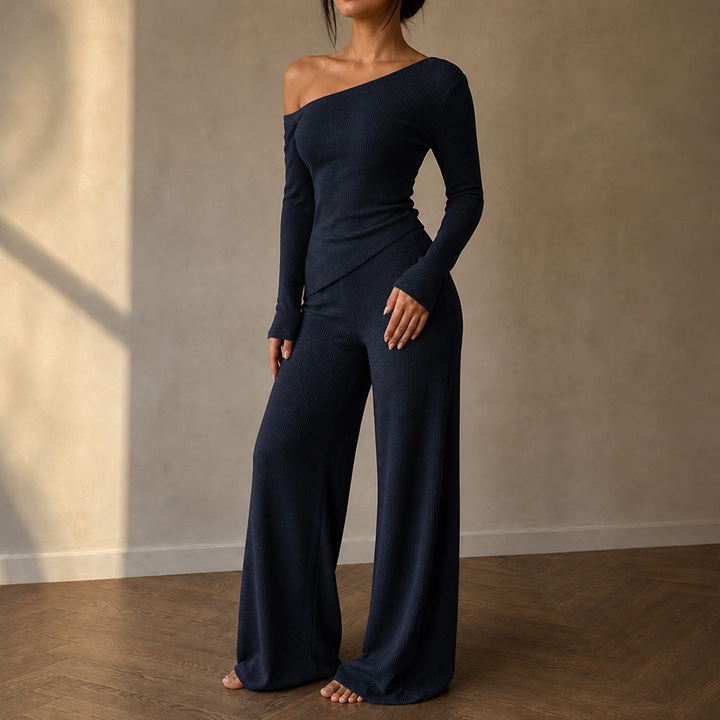 Veloura – Off-Shoulder Long-Sleeve Wide-Leg Pants Set