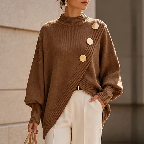 Hemline – Asymmetric Mock-Neck Button Knit Sweater