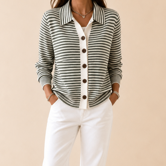 Wearbella – Striped Collared Button-Front Cardigan