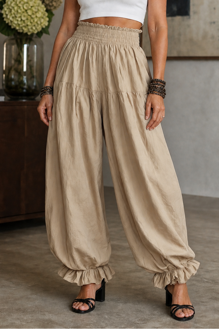 Wearbella – Smocked Waist Ruffled Hem Wide Leg Pants