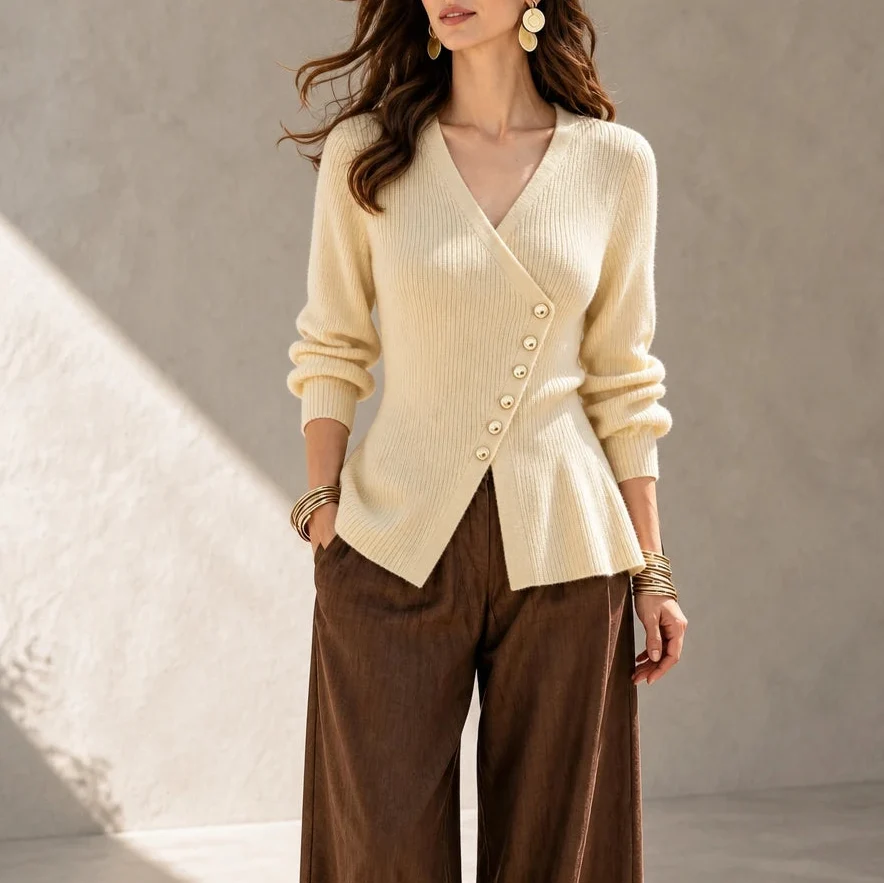 Peplina – Ribbed Asymmetrical Button-Front Peplum Sweater