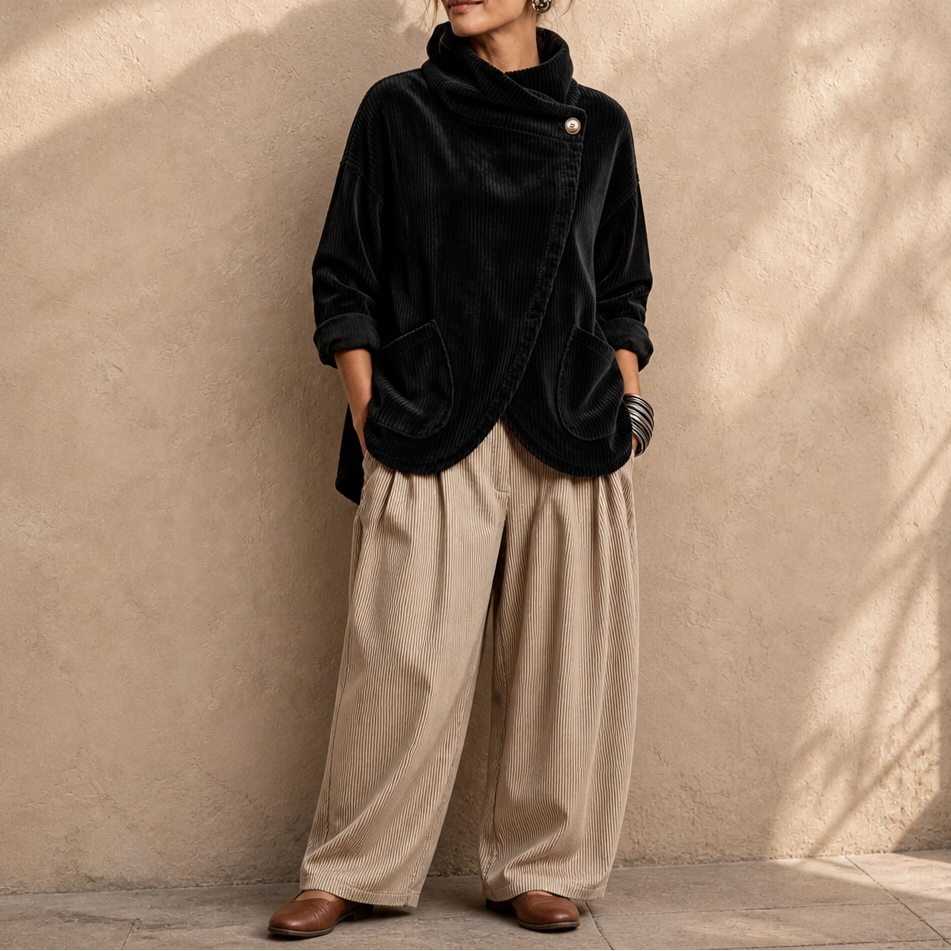 Draperly – Asymmetric Hem Hooded Corduroy Poncho