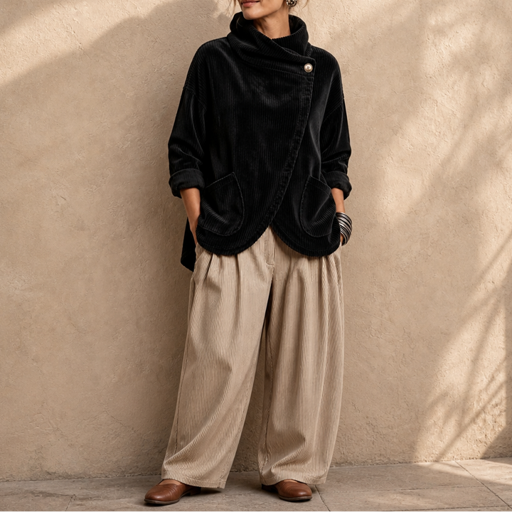 Draperly – Asymmetric Hem Hooded Corduroy Poncho