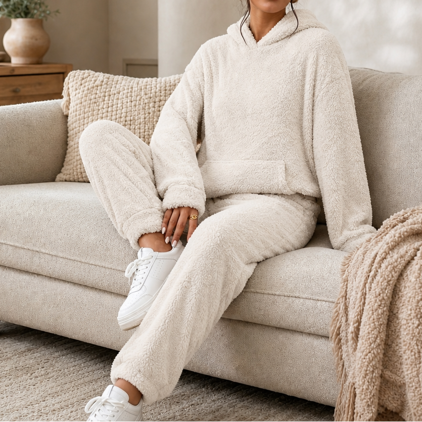 Cozy Haven – Plush Fleece Hooded Top And Jogger Pants Set