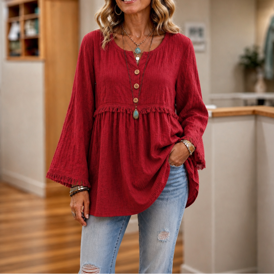 Fringe & Found – Tassel Trim Button-Front Long Sleeve Tunic