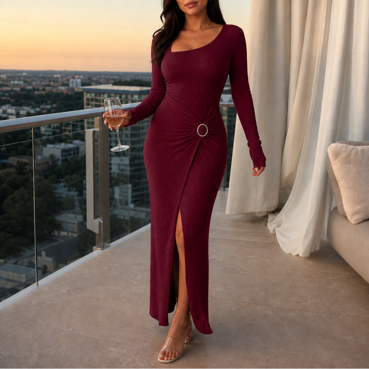 Virella – Asymmetric Ring-Ruched Ribbed Knit Dress