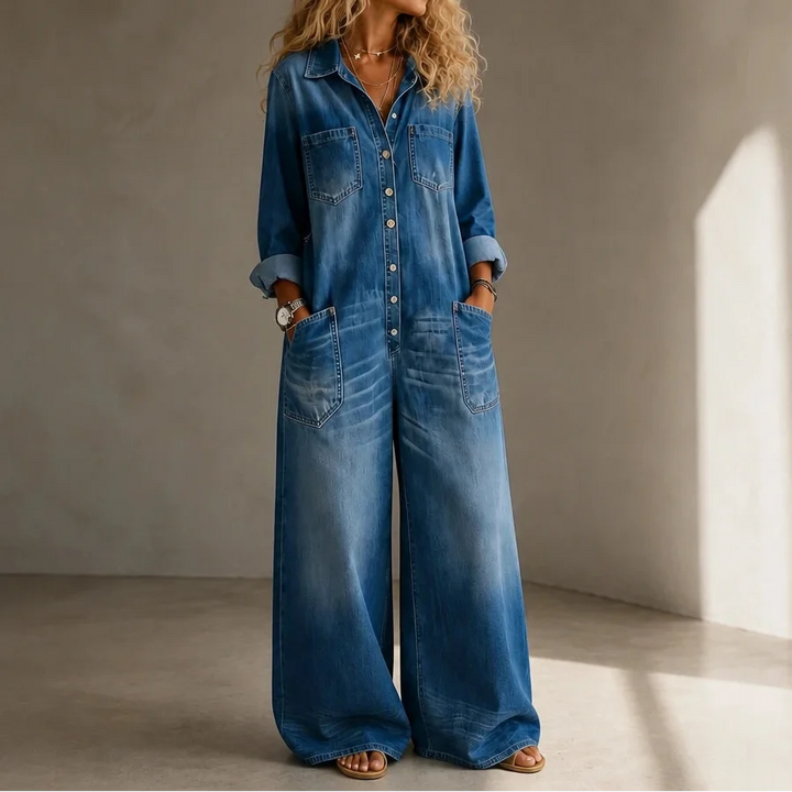 Denimbelle – Button-Front Wide-Leg Denim Jumpsuit
