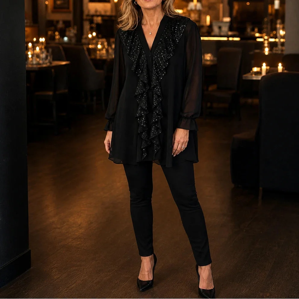 Vellora – Sequin Ruffle V-Neck Blouse