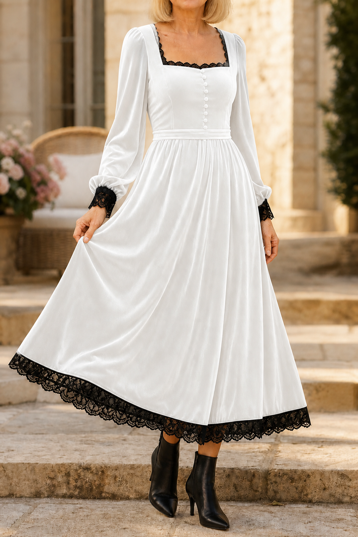 Velourette – Square Neck Fitted Waist Velvet-Look Midi Dress