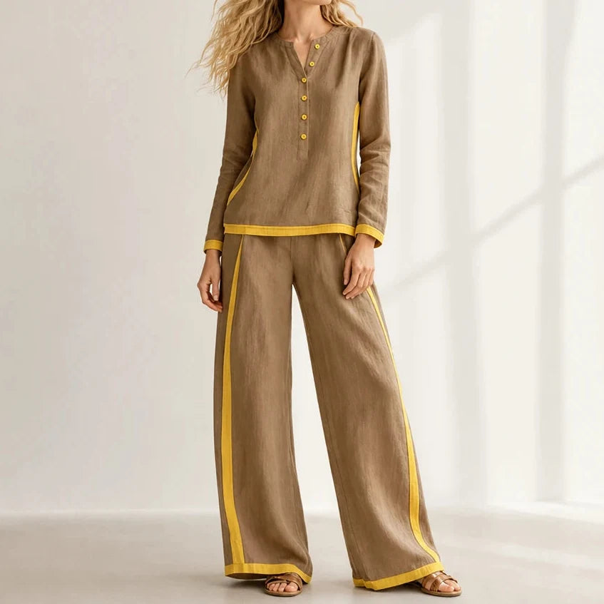 Modaform – Color-Block Long-Sleeve Top And Wide-Leg Pants Set