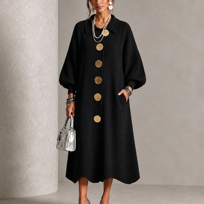 Vivelyn – Gold Button Ribbed Lantern Sleeve Maxi Dress