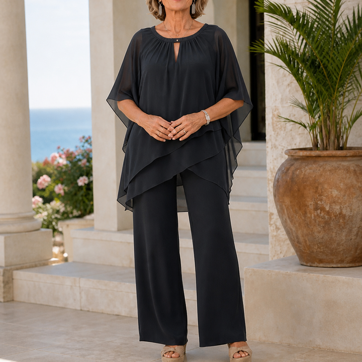 Draperie – Asymmetric Chiffon-Overlay Wide-Leg Trouser Set