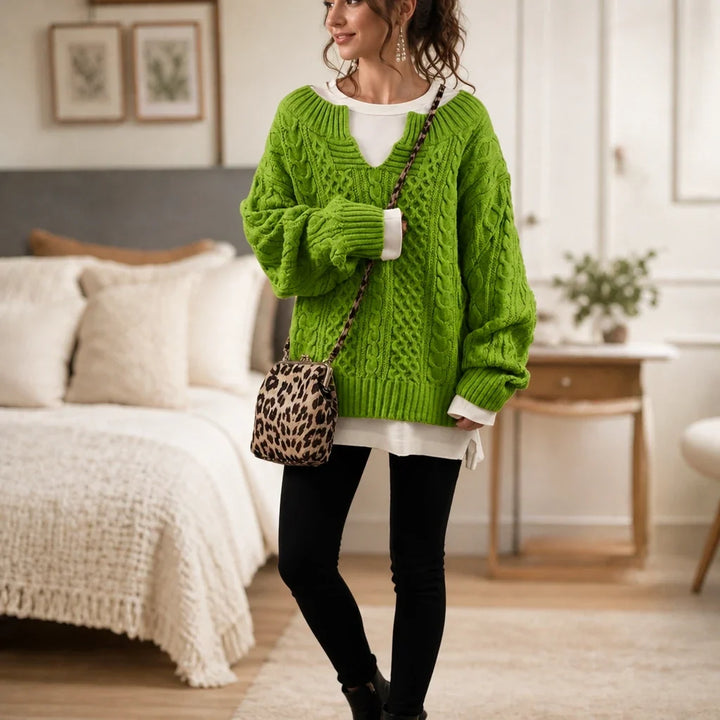 Layerella – Cable-Knit Mock-Layer V-Neck Sweater