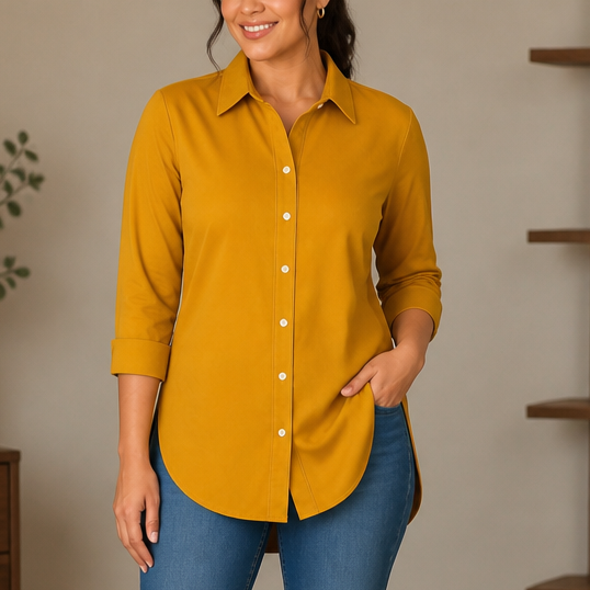 Elara Curve – Curved-Hem Stretch Button-Front Shirt