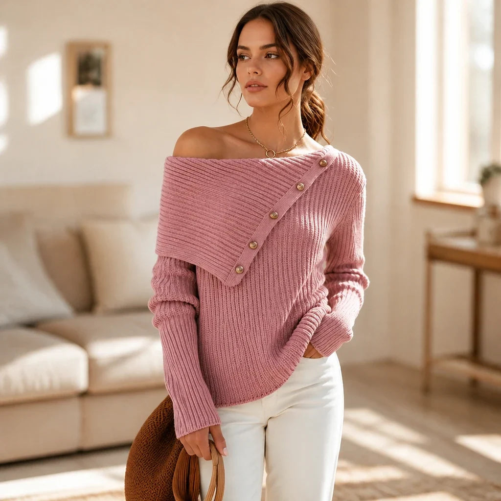 Velora – Asymmetric Button Off-The-Shoulder Knit Sweater