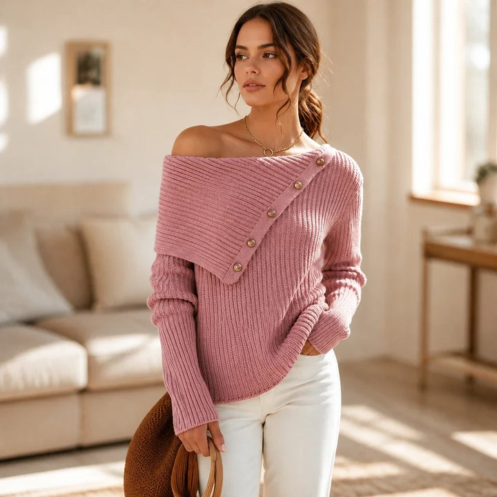 Velora – Asymmetric Button Off-The-Shoulder Knit Sweater
