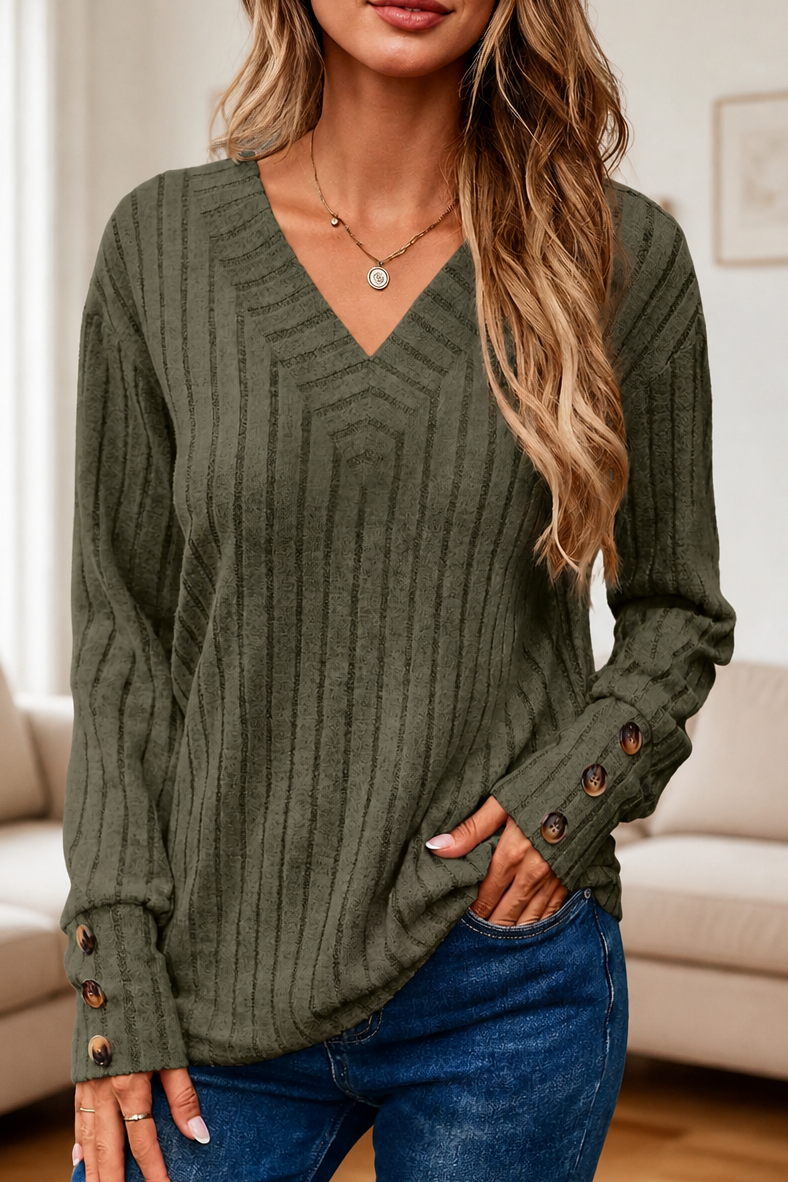 Mavenly – Ribbed V-Neck Button-Cuff Sweater