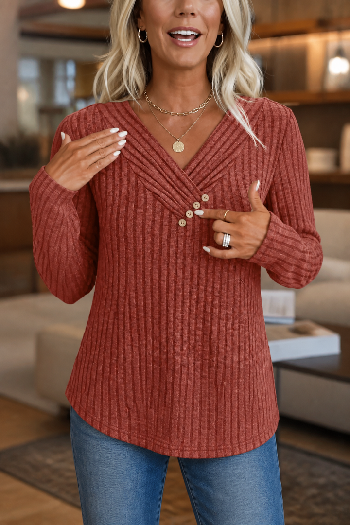 Marlowe & Rib – Ribbed V-Neck Button-Detail Sweater