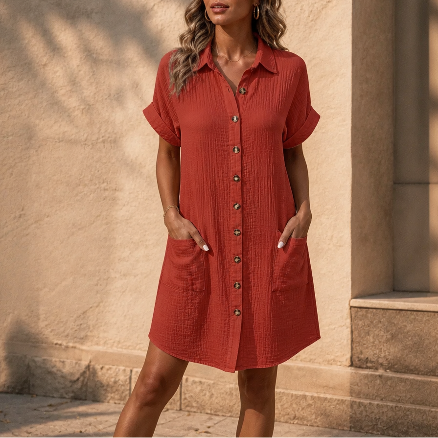 Daywear – Buttoned Short Sleeve Pocket Shirt Dress