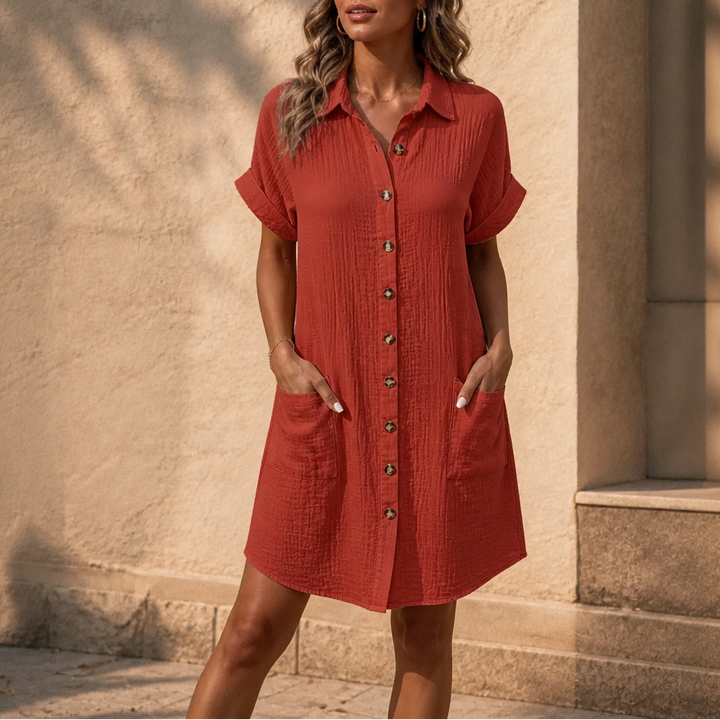Daywear – Buttoned Short Sleeve Pocket Shirt Dress