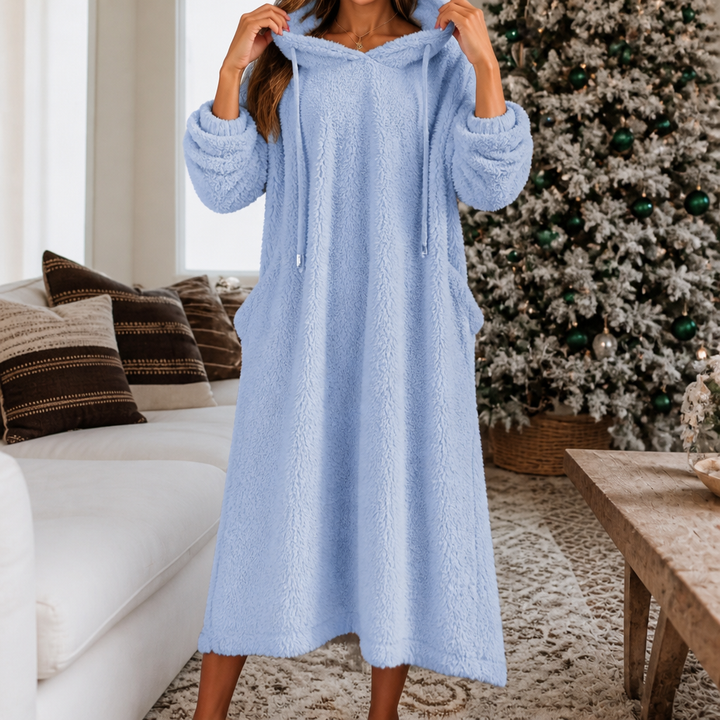 Wrapelle – Hooded Plush A-Line Maxi Lounge Dress
