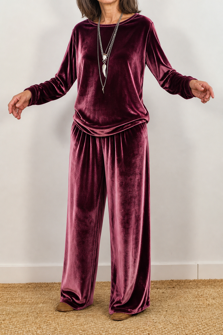 Duskvelor – Velvet-Look Wide-Leg Two-Piece Lounge Set