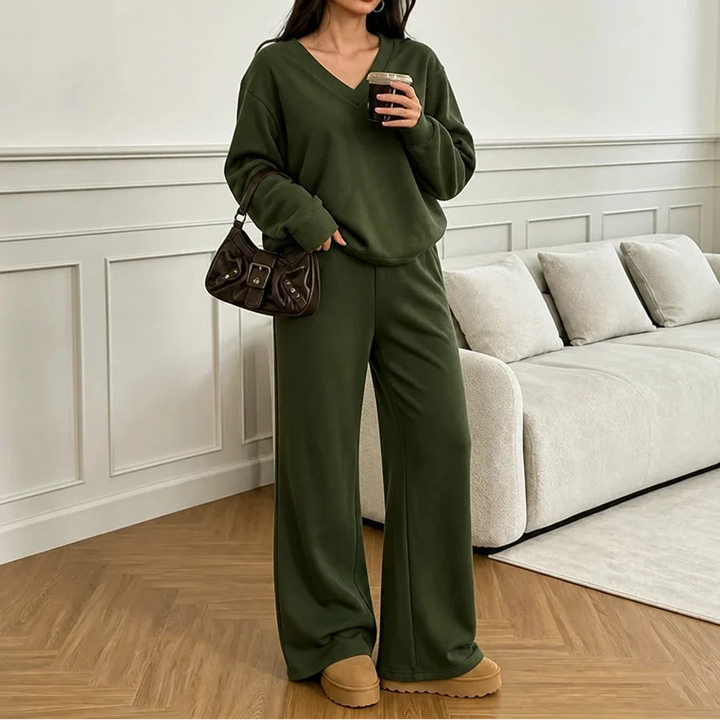 Vivelyn – V-Neck Knit Sweatshirt And Pants Set