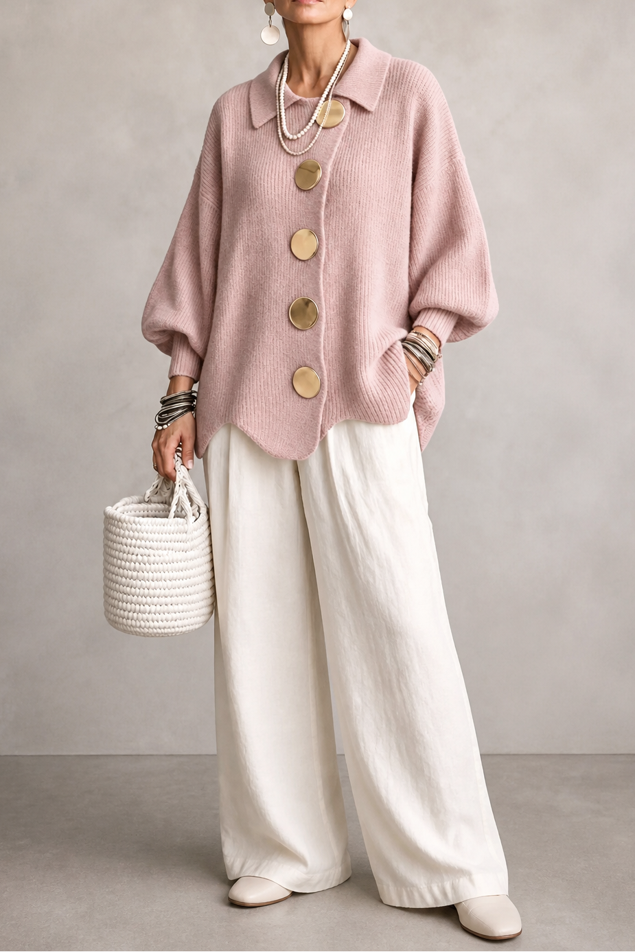 Wearbella – Oversized Scalloped-Hem Button Cardigan